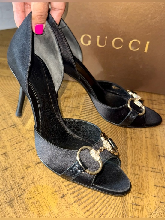 Gucci Shoes - VINTAGE - Gucci Black Satin Crystal Horsebit D'Orsay Heels - size 6.5